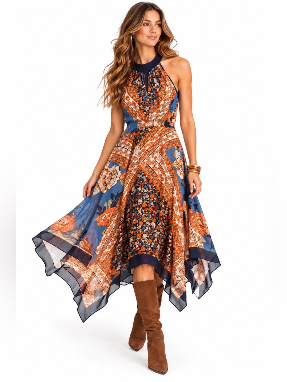 En Focus Studio 12 Floral Paisley Handkerchief Hem Midi Dress Boho